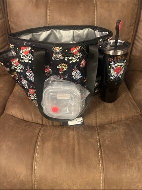 Ed Hardy Black Tattoo-Print Insulated Tote with Matching Tumbler & 2 containers